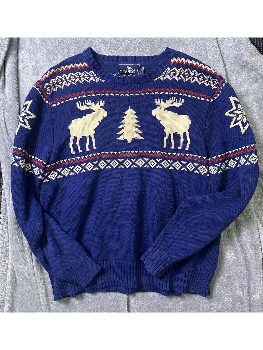 American Living Mens L Moose Fair Isle Sweater Nordic Christmas Blue 100% Cotton